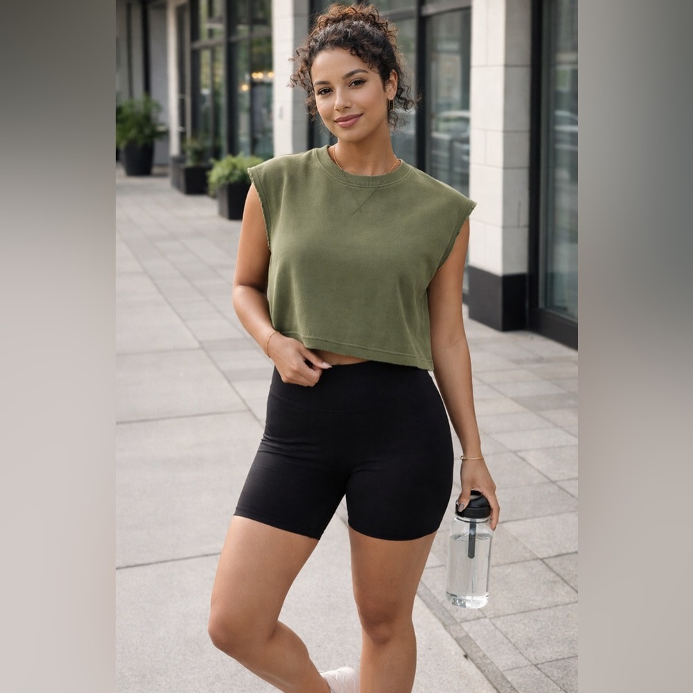 WITH Wear It To Heart Olive Cropped Sleeveless Sweatshirt Raw Edge M